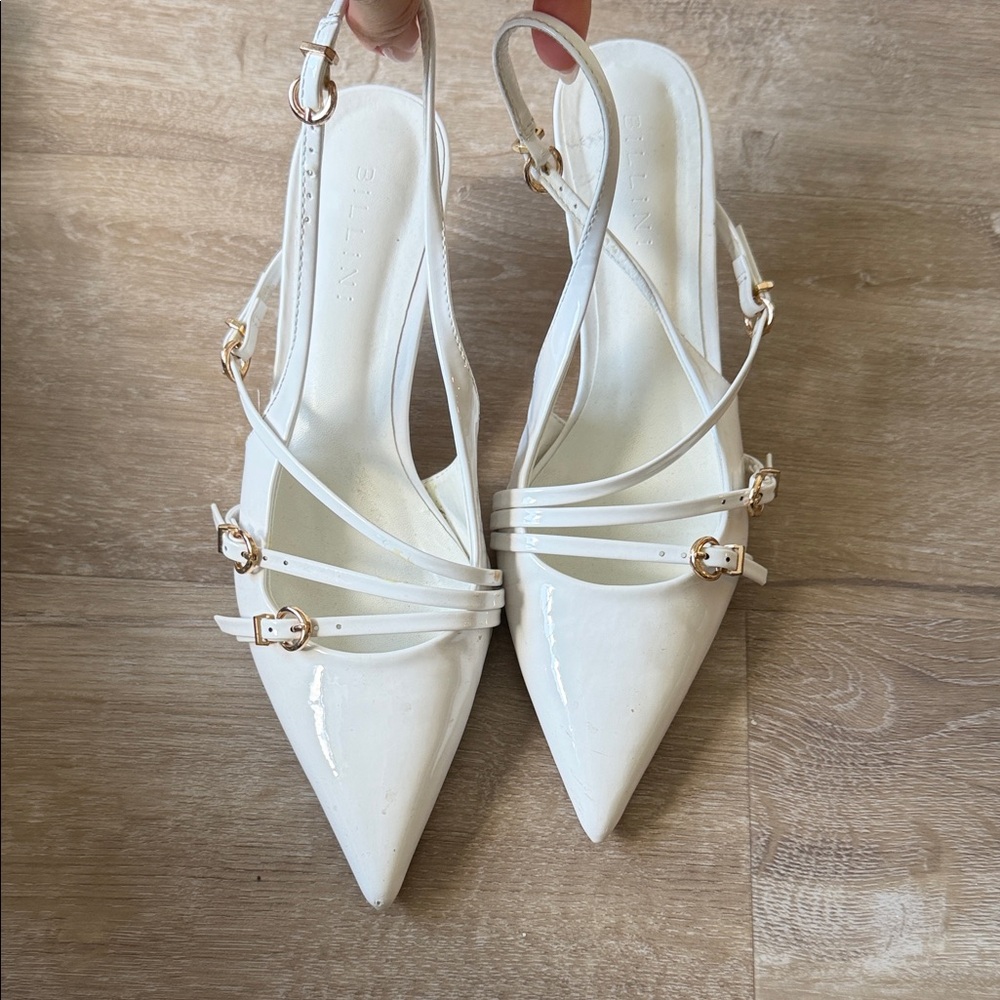 Billini Patent Pointed-Toe Slingback Kitten Heels in White